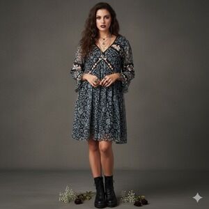 Dor Dor Couture Embroidered Floral Mesh Overlay Whimsigoth Boho Fairy Dress S